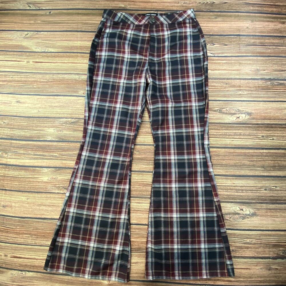 Almost Famous 90s Flared Bootcut Black Burgundy Plaid Pants Womens Size 11